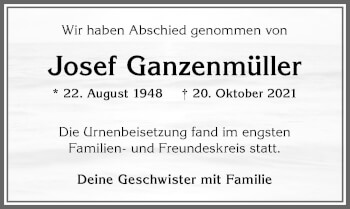 Traueranzeige von Josef Ganzenmüller von Memminger Zeitung