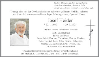 Traueranzeige von Josef Heider von Allgäuer Zeitung, Füssen