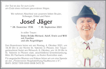 Traueranzeige von Josef Jäger von Allgäuer Zeitung, Kaufbeuren/Buchloe