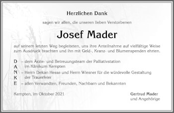 Traueranzeige von Josef Mader von Allgäuer Zeitung,Kempten