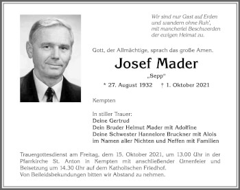 Traueranzeige von Josef Mader von Allgäuer Zeitung,Kempten