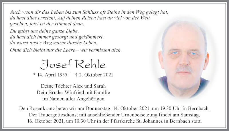  Traueranzeige für Josef Rehle vom 12.10.2021 aus Allgäuer Zeitung, Marktoberdorf