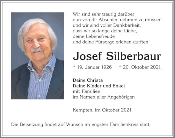 Traueranzeige von Josef Silberbaur von Allgäuer Zeitung