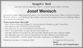 Traueranzeige von Josef Wenisch von Memminger Zeitung