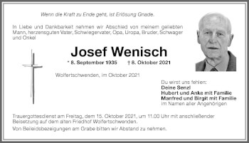 Traueranzeige von Josef Wenisch von Memminger Zeitung
