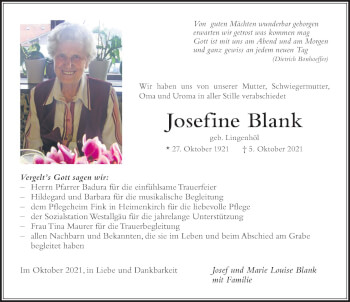 Traueranzeige von Josefine Blank von Der Westallgäuer