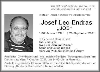 Traueranzeige von Josef Leo Endras von Allgäuer Zeitung,Kempten