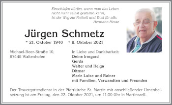 Traueranzeige von Jürgen Schmetz von Allgäuer Anzeigeblatt