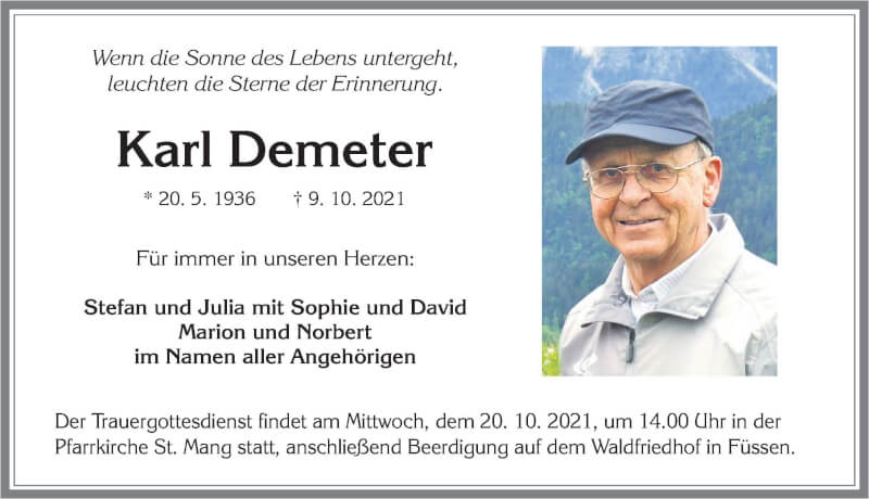 Traueranzeige für Karl Demeter vom 15.10.2021 aus Allgäuer Zeitung, Füssen