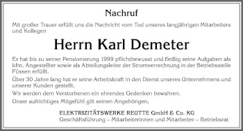 Traueranzeige von Karl Demeter von Allgäuer Zeitung, Füssen