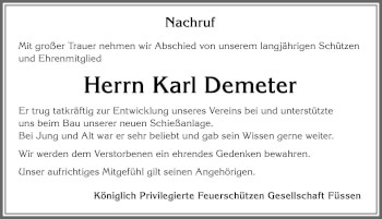 Traueranzeige von Karl Demeter von Allgäuer Zeitung, Füssen
