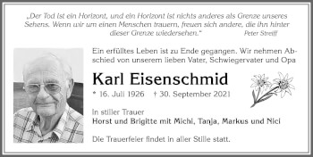 Traueranzeige von Karl Eisenschmid von Allgäuer Zeitung, Kaufbeuren/Buchloe