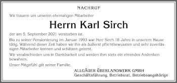 Traueranzeige von Karl Sirch von Allgäuer Zeitung,Kempten