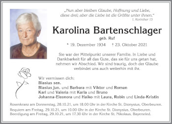 Traueranzeige von Karolina Bartenschlager von Allgäuer Zeitung, Kaufbeuren/Buchloe