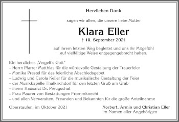 Traueranzeige von Klara Eller von Allgäuer Anzeigeblatt