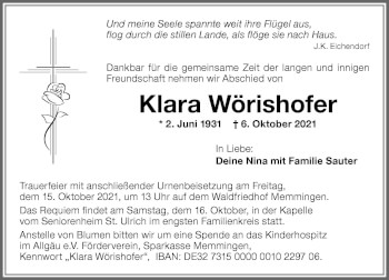 Traueranzeige von Klara Wörishofer von Memminger Zeitung