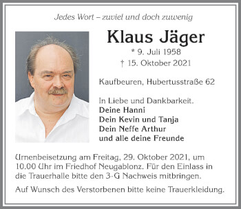 Traueranzeige von Klaus Jäger von Allgäuer Zeitung, Kaufbeuren/Buchloe