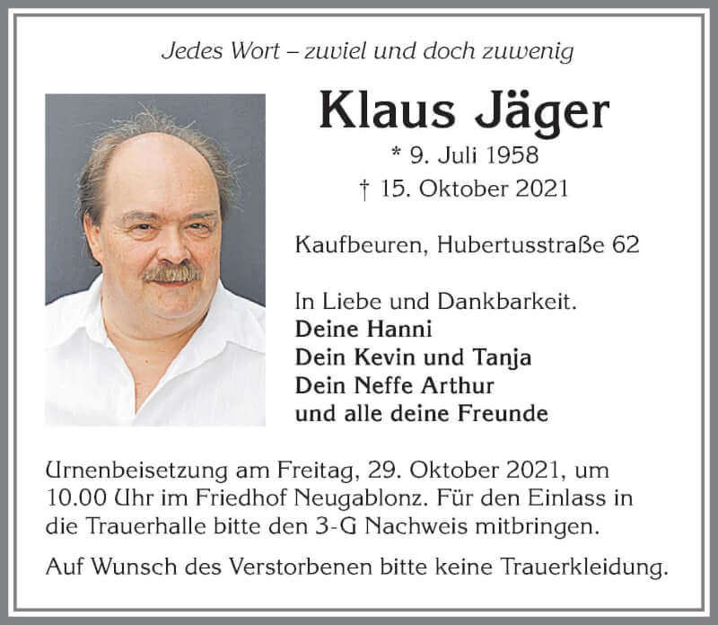 Traueranzeige für Klaus Jäger vom 23.10.2021 aus Allgäuer Zeitung, Kaufbeuren/Buchloe