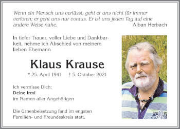 Traueranzeige von Klaus Krause von Allgäuer Zeitung,Kempten