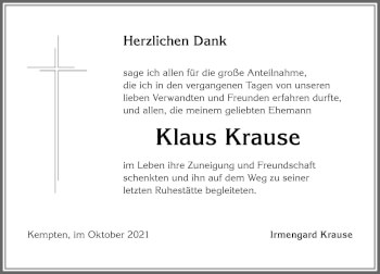 Traueranzeige von Klaus Krause von Allgäuer Zeitung,Kempten