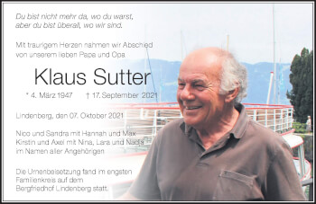 Traueranzeige von Klaus Sutter von Der Westallgäuer