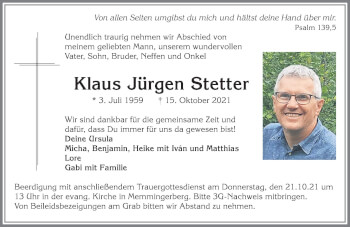 Traueranzeige von Klaus Jürgen Stetter von Memminger Zeitung