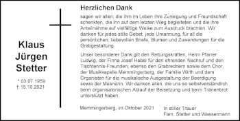Traueranzeige von Klaus Jürgen Stetter von Memminger Zeitung