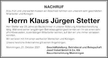 Traueranzeige von Klaus Jürgen Stetter von Memminger Zeitung