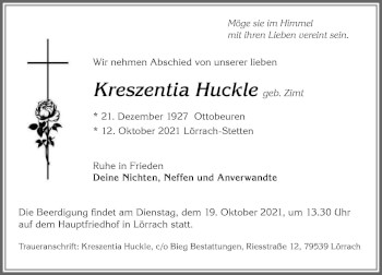 Traueranzeige von Kreszentia Huckle von Memminger Zeitung