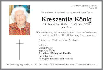 Traueranzeige von Kreszentia König von Memminger Zeitung