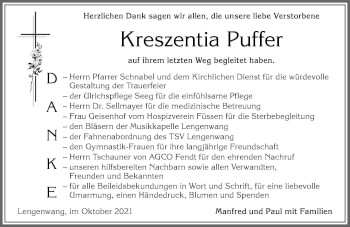 Traueranzeige von Kreszentia Puffer von Allgäuer Zeitung, Marktoberdorf