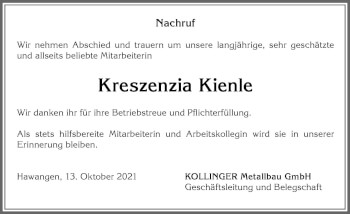 Traueranzeige von Kreszenzia Kienle von Memminger Zeitung