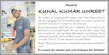 Traueranzeige von Kunal Kumar Umreet von Allgäuer Zeitung, Kaufbeuren/Buchloe