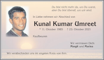 Traueranzeige von Kunal Kumar Umreet von Allgäuer Zeitung, Kaufbeuren/Buchloe