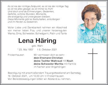 Traueranzeige von Lena Häring von Memminger Zeitung