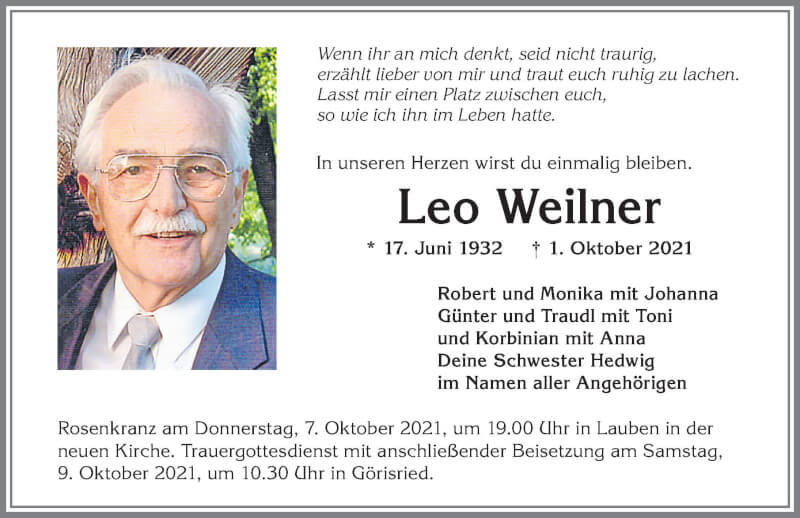  Traueranzeige für Leo Weilner vom 06.10.2021 aus Allgäuer Zeitung