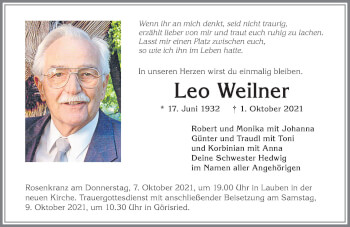 Traueranzeige von Leo Weilner von Allgäuer Zeitung