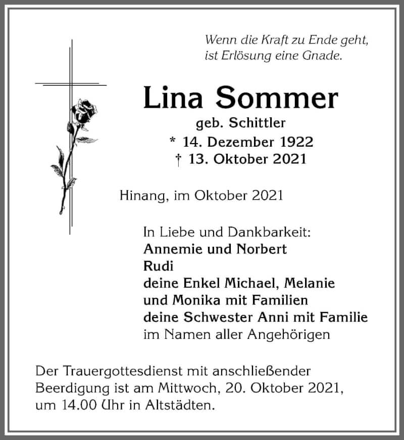  Traueranzeige für Lina Sommer vom 16.10.2021 aus Allgäuer Anzeigeblatt