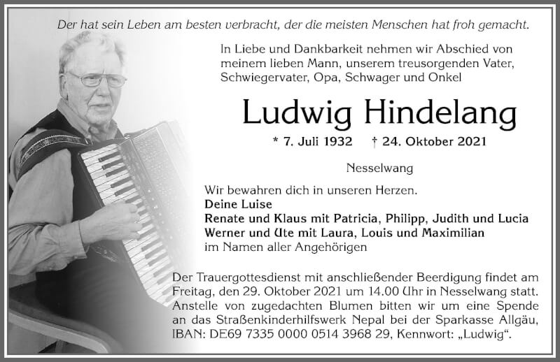  Traueranzeige für Ludwig Hindelang vom 27.10.2021 aus Allgäuer Zeitung