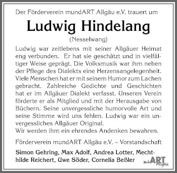 Traueranzeige von Ludwig Hindelang von Allgäuer Zeitung