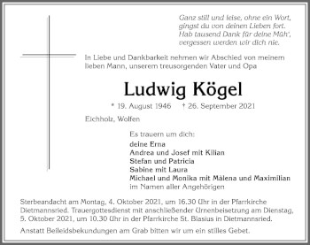Traueranzeige von Ludwig Kögel von Allgäuer Zeitung,Kempten