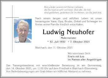 Traueranzeige von Ludwig Neuhofer von Allgäuer Anzeigeblatt