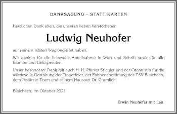 Traueranzeige von Ludwig Neuhofer von Allgäuer Anzeigeblatt