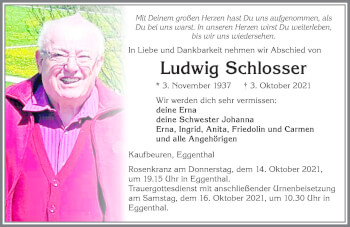 Traueranzeige von Ludwig Schlosser von Allgäuer Zeitung, Kaufbeuren/Buchloe