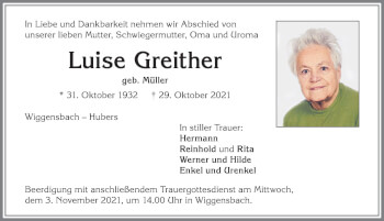 Traueranzeige von Luise Greither von Allgäuer Zeitung,Kempten