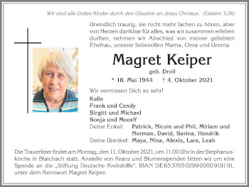 Traueranzeige von Magret Keiper von Allgäuer Anzeigeblatt