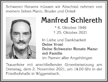 Traueranzeige von Manfred Schlereth von Allgäuer Zeitung,Kempten