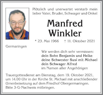 Traueranzeige von Manfred Winkler von Allgäuer Zeitung, Kaufbeuren/Buchloe