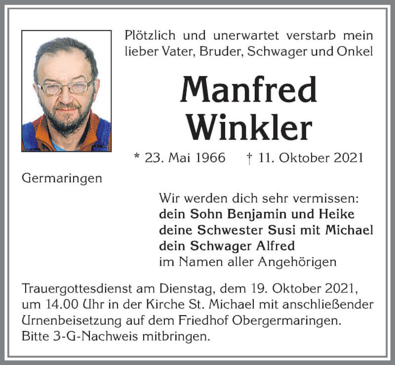  Traueranzeige für Manfred Winkler vom 16.10.2021 aus Allgäuer Zeitung, Kaufbeuren/Buchloe