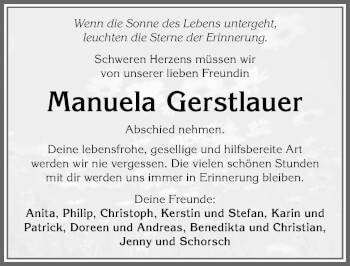 Traueranzeige von Manuela Gerstlauer von Allgäuer Zeitung, Kaufbeuren/Buchloe